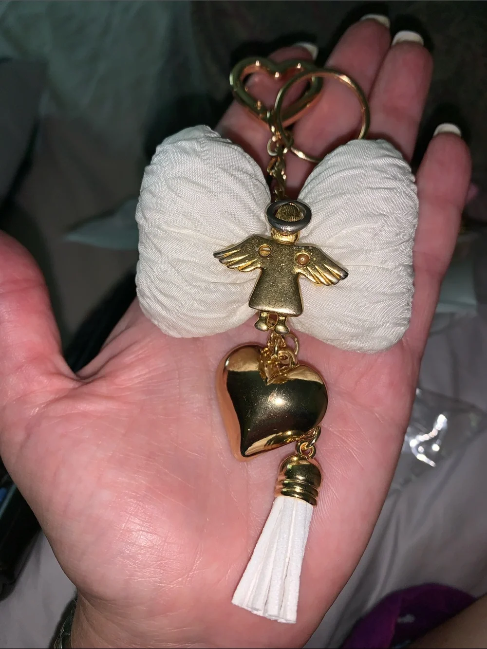 Handmade angel Bow purse/bag charm keychain with heart and tassel